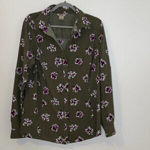 Duluth Outdoor Long Sleeve Tunic Floral Olive Green w/ Purple Flowers Women's XL